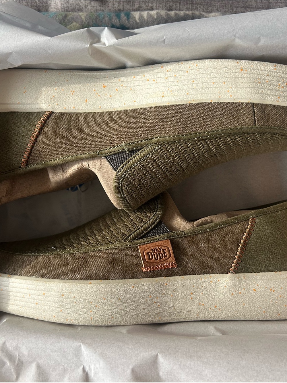 Hey Dude Olive Canvas Slip-On Loafers with Cream Sole